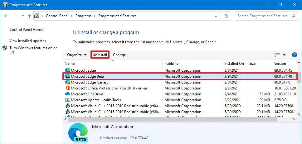 Aplicación de desinstalación del Panel de control de Windows 10