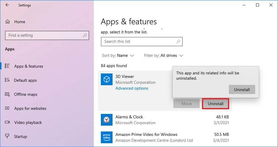 App di disinstallazione delle impostazioni di Windows 10