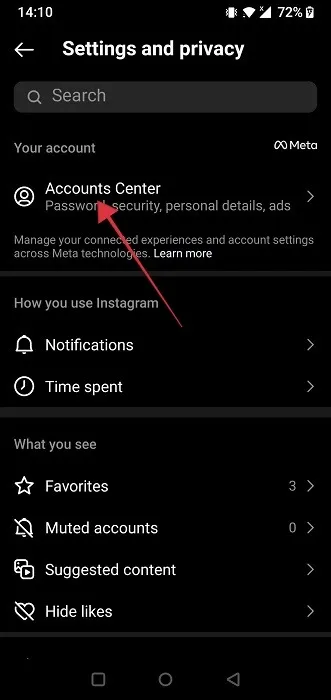 Klicken Sie in der Instagram-App für Android auf „Accounts Center“.