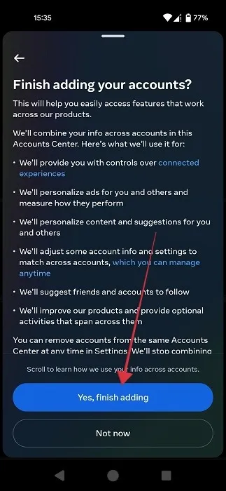 Finendo di aggiungere la pagina dei tuoi account nell'app Instagram per Android.