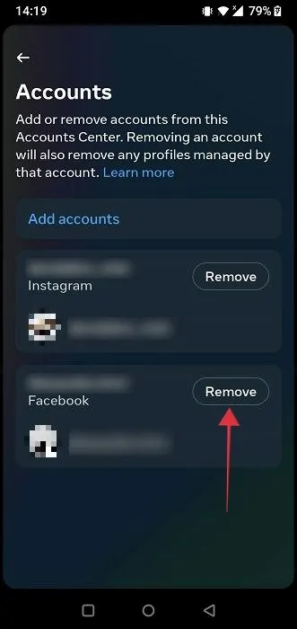 Verknüpfung von Facebook, Instagram und Android entfernen. Schaltfläche zum Entfernen