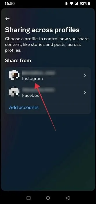 Selezione dell'account Instagram dopo averlo collegato a Facebook.