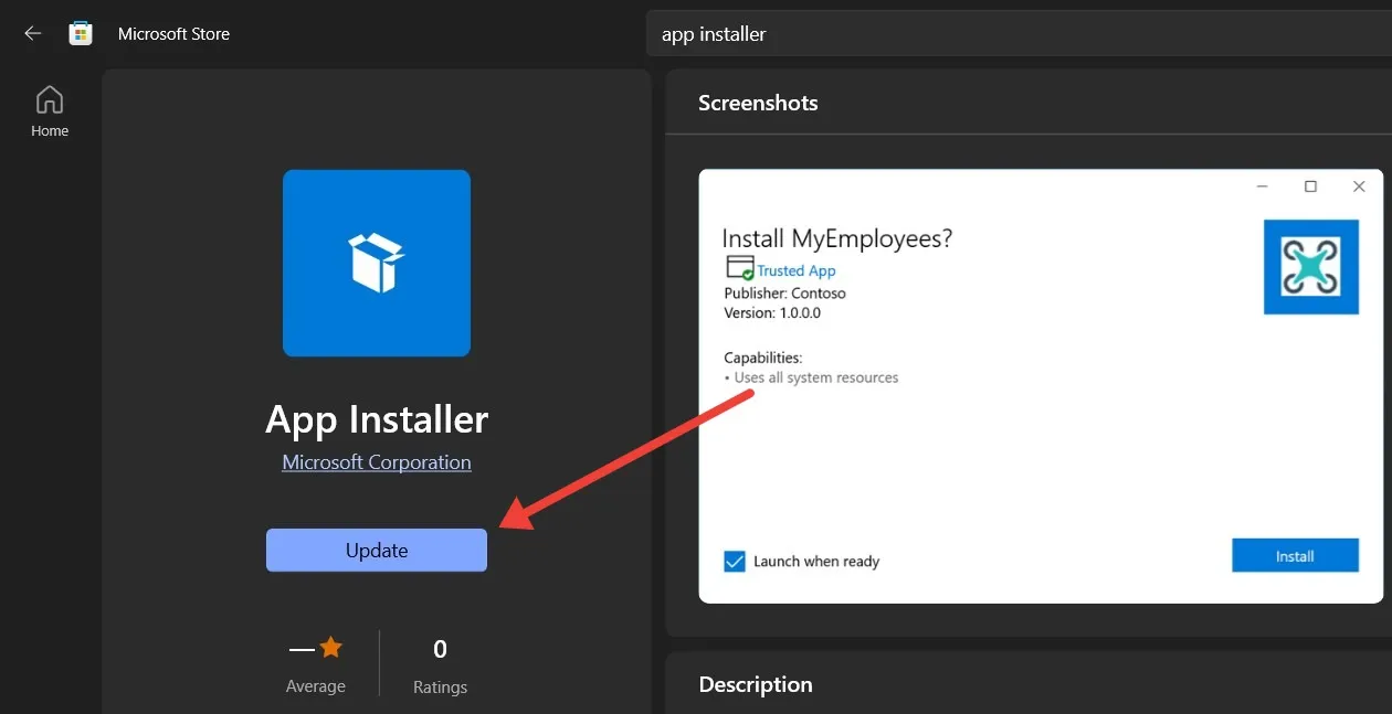 Actualización del instalador de aplicaciones en Microsoft Store.