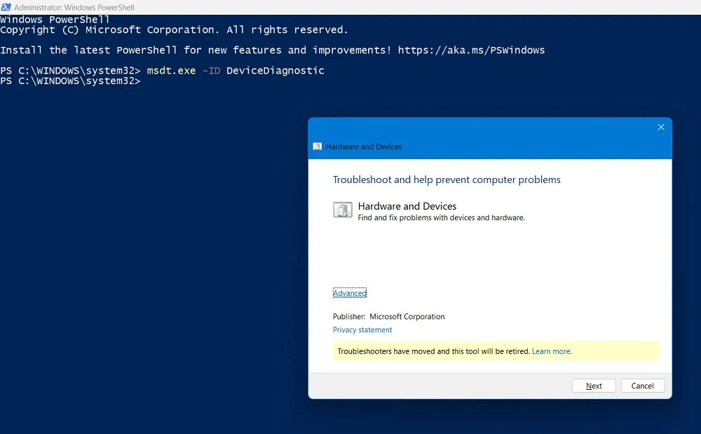 Windows PowerShell 内で実行されるハードウェアとデバイスのトラブルシューティング ツール。