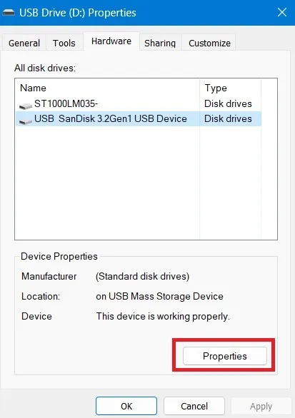 Klicken Sie auf die Schaltfläche „Eigenschaften“ eines USB-Laufwerks unter