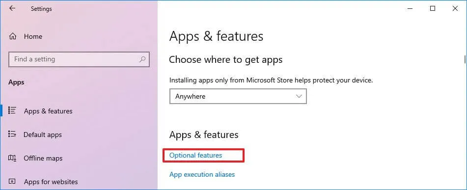 Recursos opcionais do Windows 10