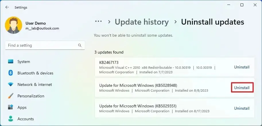 Disinstallazione dell'aggiornamento di Windows 11 23H2