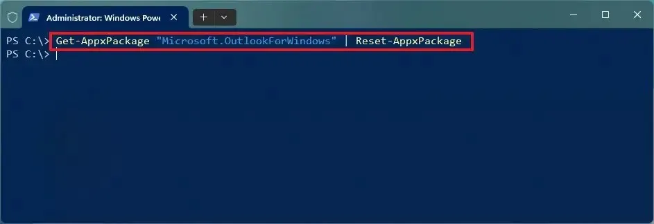 Comando de restablecimiento de PowerShell de Windows 11 Outlook