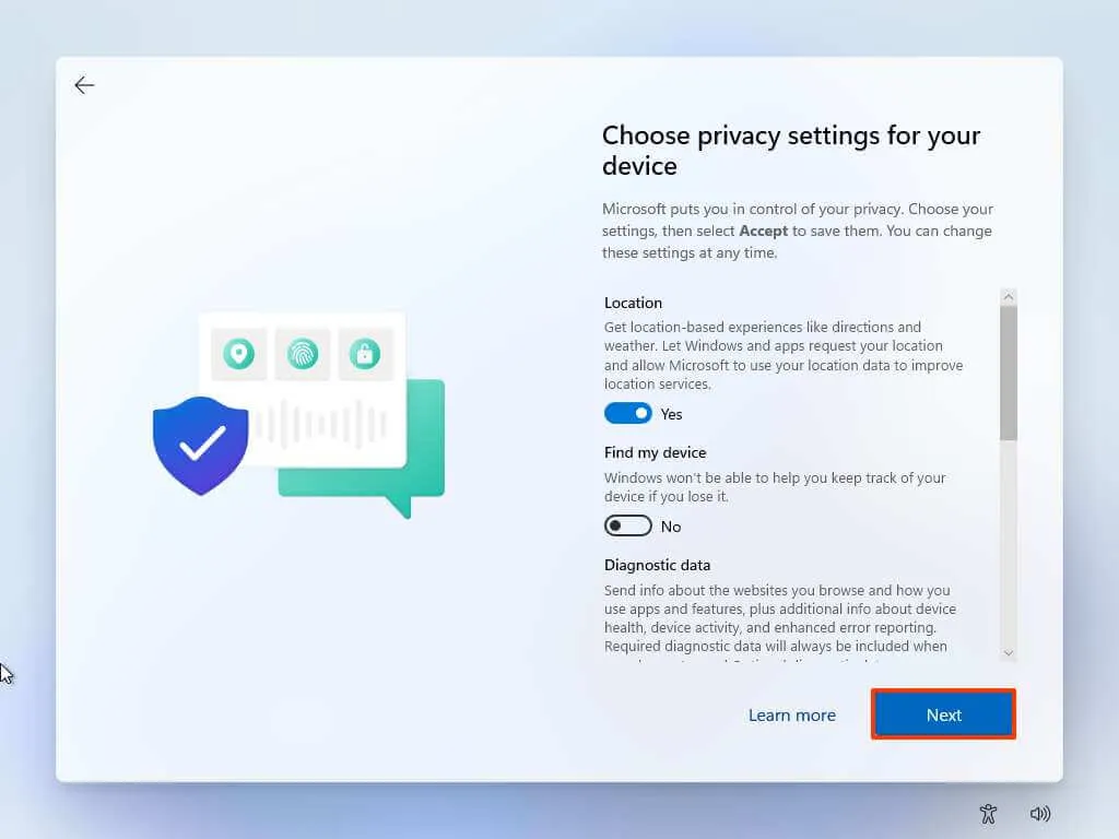 Impostazioni sulla privacy di Windows 11 OOBE