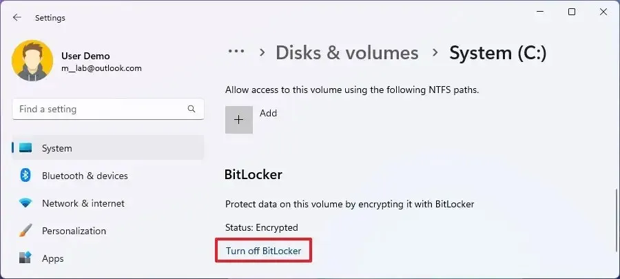 Configurações abertas do BitLocker