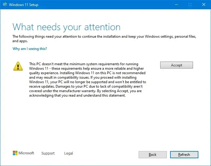 Warnung zu den Setup-Anforderungen für Windows 11