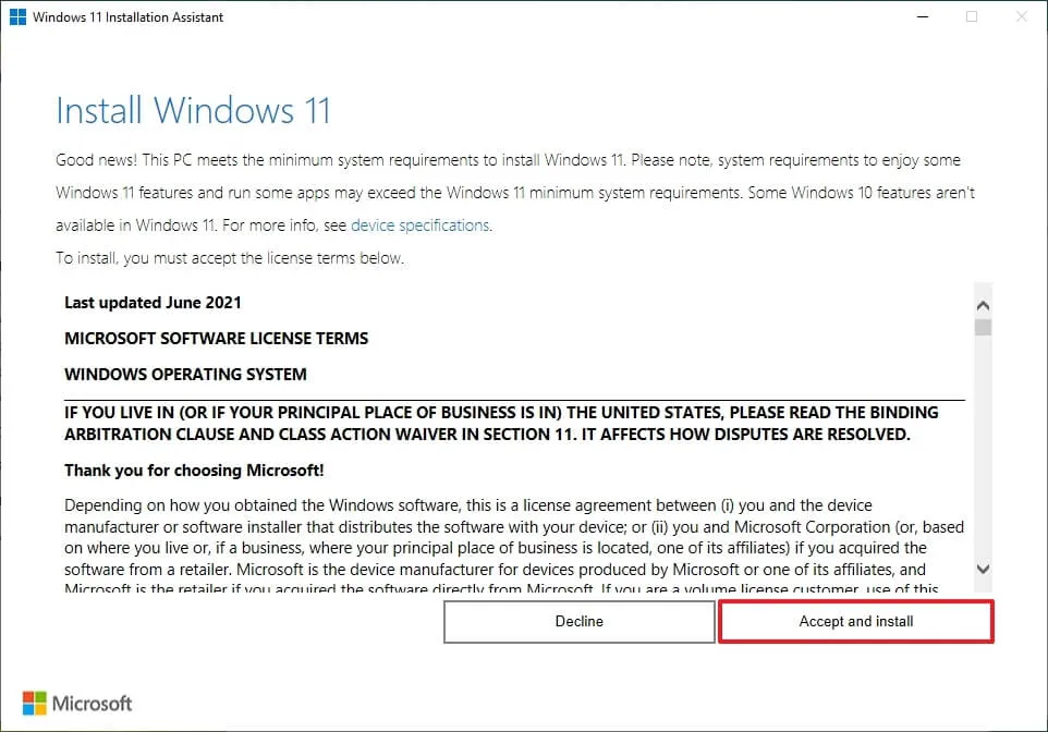 Assistente di aggiornamento di Windows 11