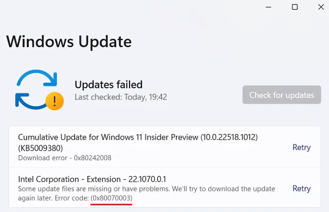 Codice di errore dell'aggiornamento di Windows 11 0x80070003