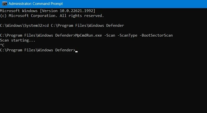Cancelando a verificação do setor de inicialização no Windows Defender por meio do prompt de comando.