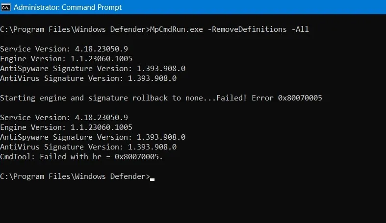 Windows Defender は、定義のリスト全体を削除するためのスキャンを実行しています。