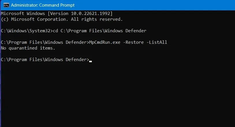 Keine isolierten Elemente in Windows Defender, während ein Befehl zum Auflisten aller ausgeführt wird.