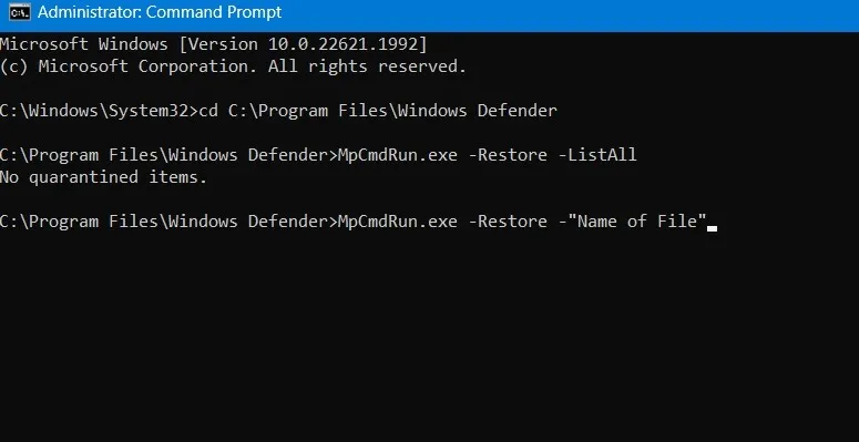 コマンド プロンプトで名前を指定して Windows Defender の隔離されたファイルを復元します。