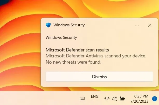 Windows Defender のスキャン タイプ 1 の結果はシステム トレイにあります。