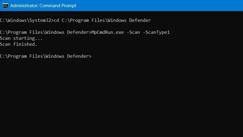 Varredura do Windows Defender no Prompt de Comando.  Digitalização tipo 1 iniciada e concluída.