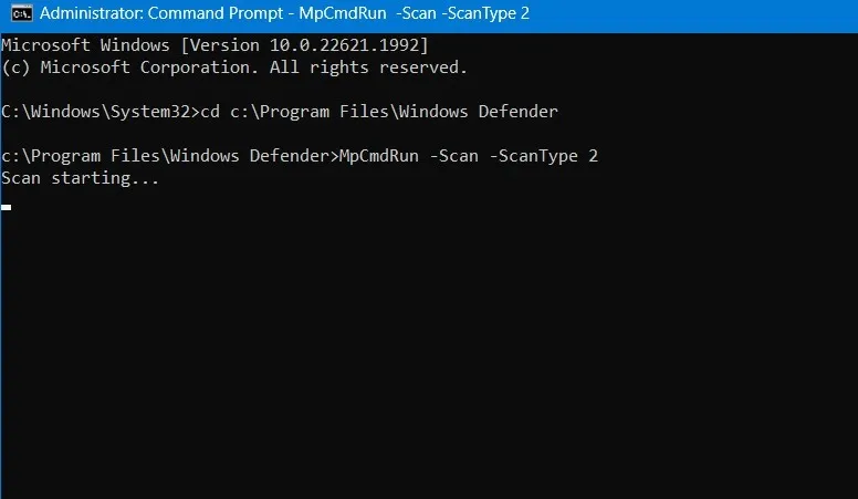 コマンド プロンプトでの Windows Defender のフル スキャン (スキャン 2)。