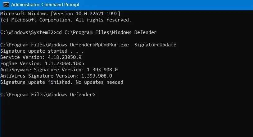 Atualizações de assinatura feitas no Windows Defender usando o prompt de comando.
