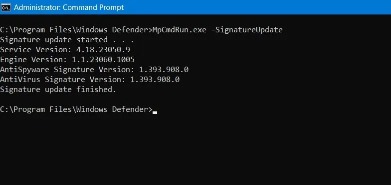 A atualização da assinatura do Windows Defender foi iniciada e concluída.