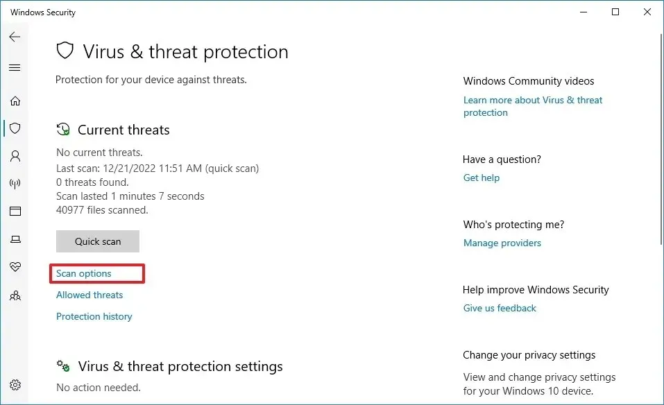 Optionen für den Windows-Sicherheitsscan