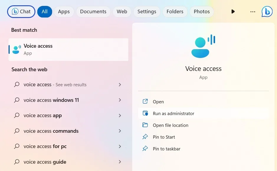 Suche nach der Voice Access-App im Windows 11-Suchfeld.