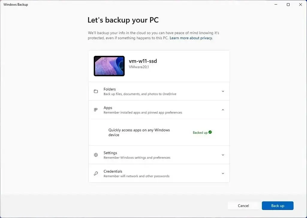 Nieuwe Backup-app op Windows 11