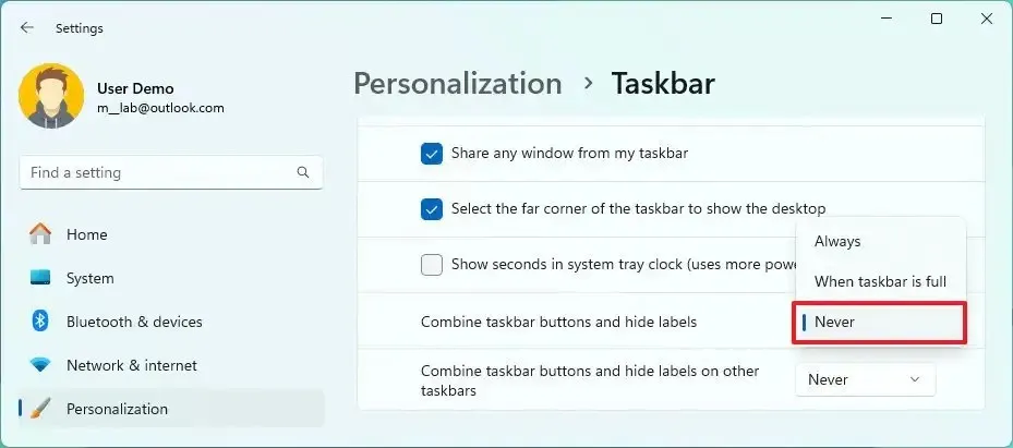O Windows 11 nunca combina os botões da barra de tarefas