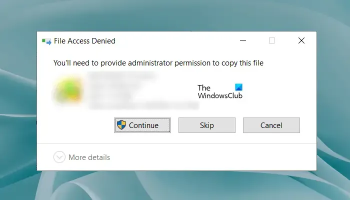 Deberá proporcionar permiso de administrador para copiar este archivo.