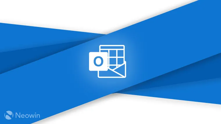 Logo Outlook (monocromatico) su sfondo blu e grigio chiaro