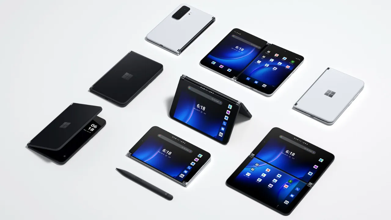 Ein Foto mehrerer Surface Duo 2-Smartphones in verschiedenen Positionen