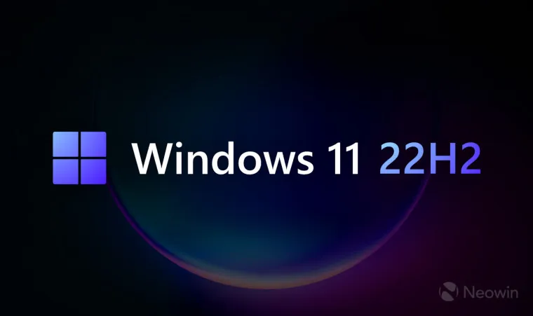 Uma imagem com um logotipo colorido do Windows 11 22H2 e um fundo esmaecido