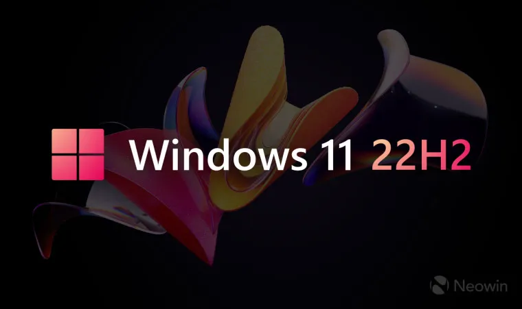 Een afbeelding met een kleurrijk Windows 11 22H2-logo en een gedimde achtergrond
