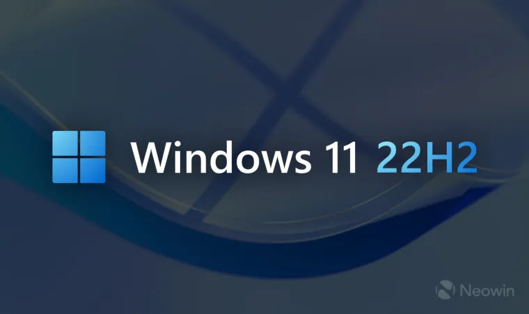 Ein Bild mit einem farbenfrohen Windows 11 22H2-Logo und einem abgeblendeten Hintergrund