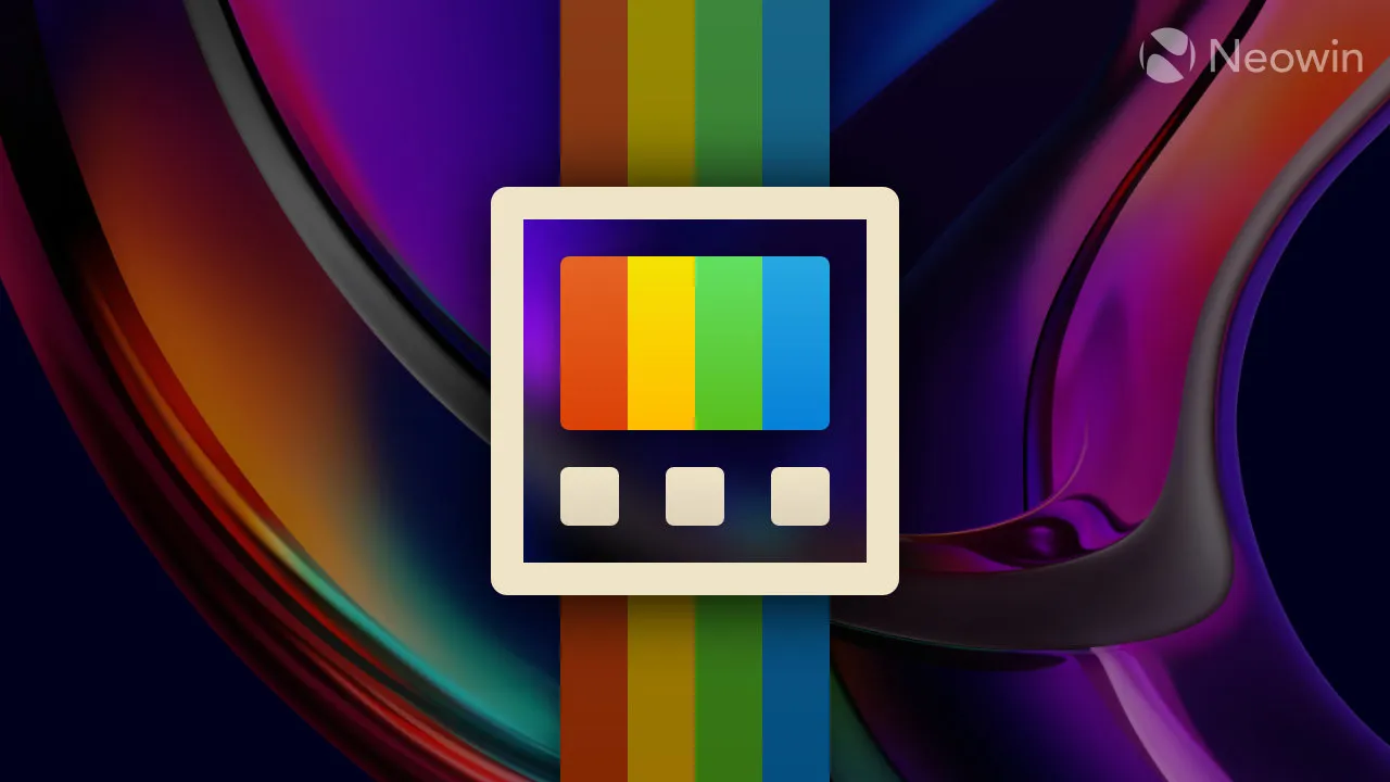 Een aangepast PowerToys-logo met een matglazen achtergrond en regenboogstrepen