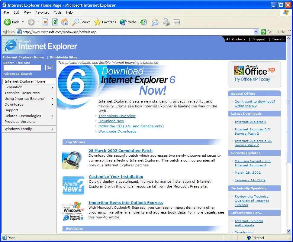 Una captura de pantalla de IE 6 con el sitio web oficial de Microsoft