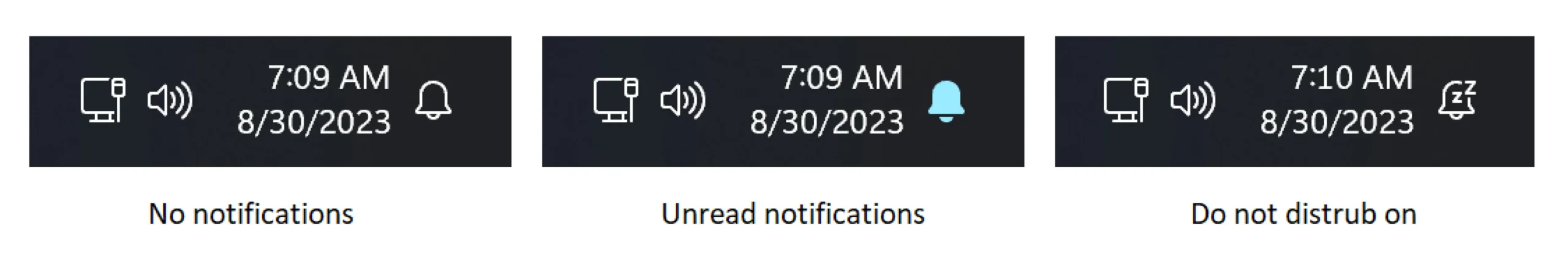Uno screenshot che mostra tre stati del pulsante di notifica riprogettato in Windows 11