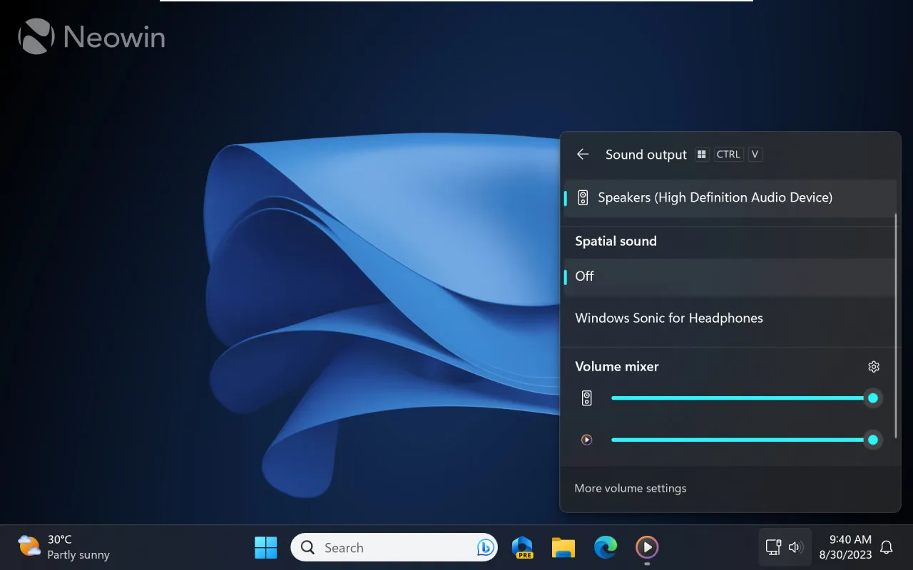 Uno screenshot del nuovo Mixer volume in Windows 11 23H2