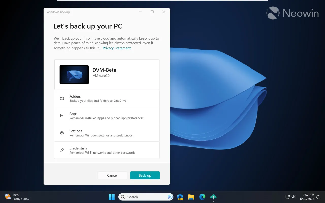 Een screenshot van de nieuwe Windows Backup-app voor Windows 11