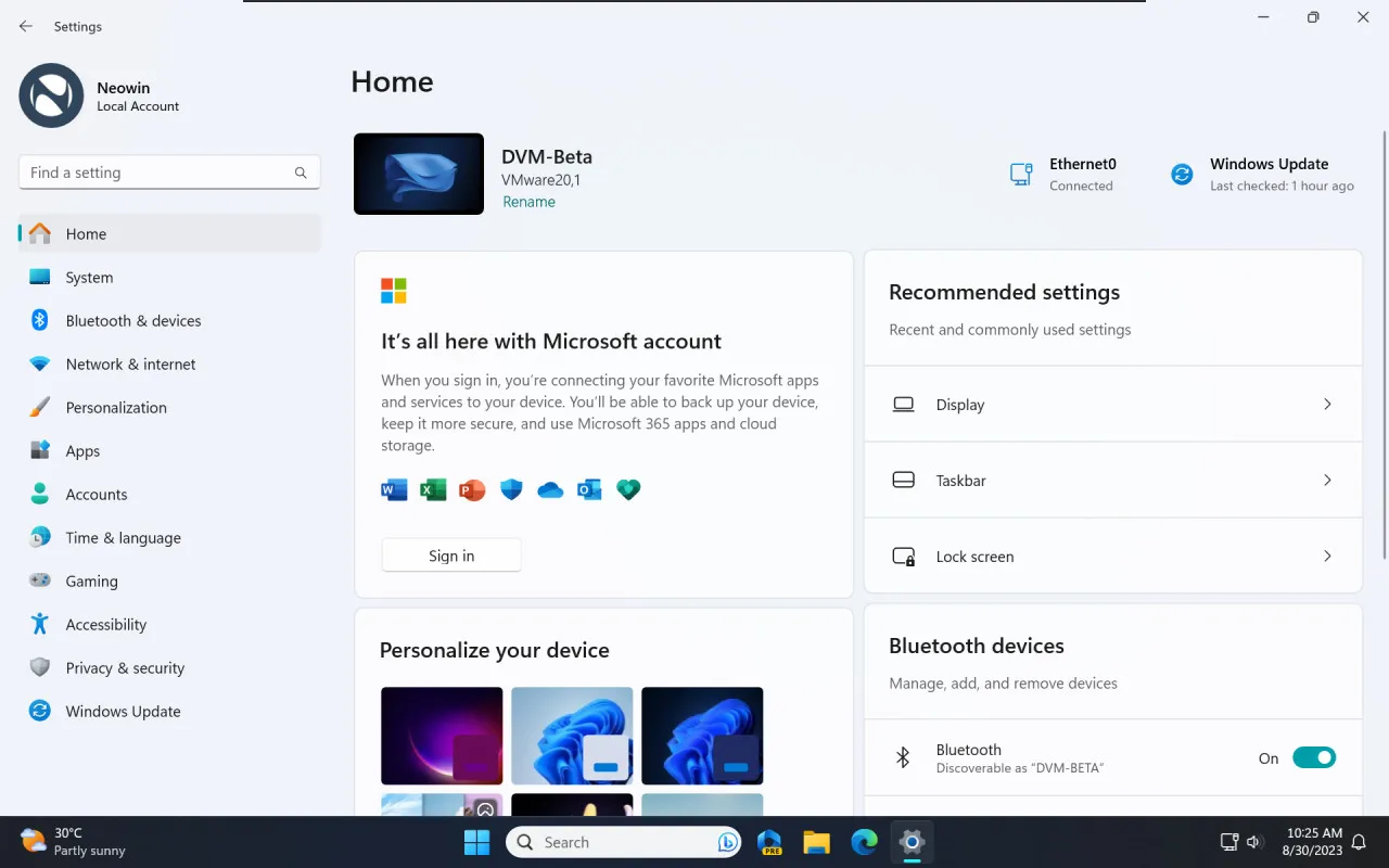 Windows 11 の設定アプリのホーム ページのスクリーンショット