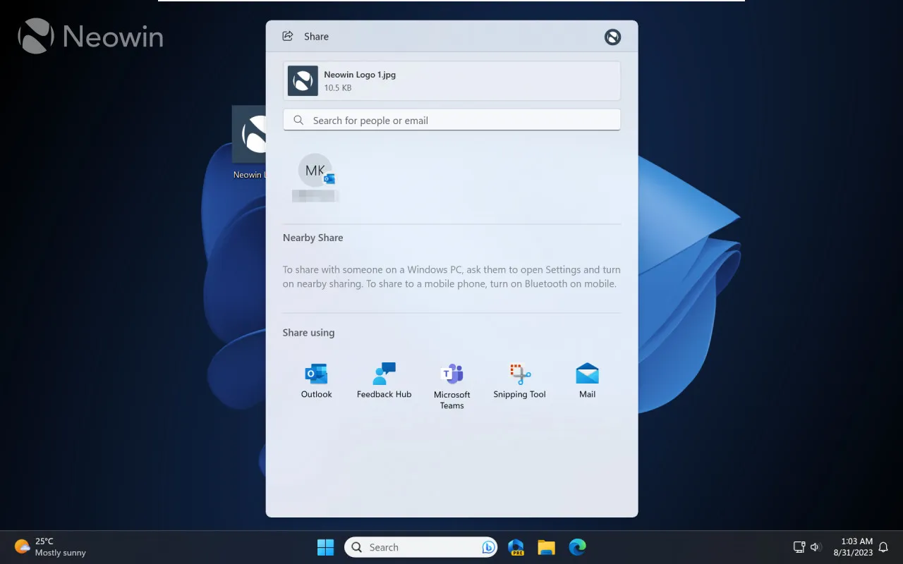 Windows 11 23H2 で再加工されたニアバイ シェア UI のスクリーンショット