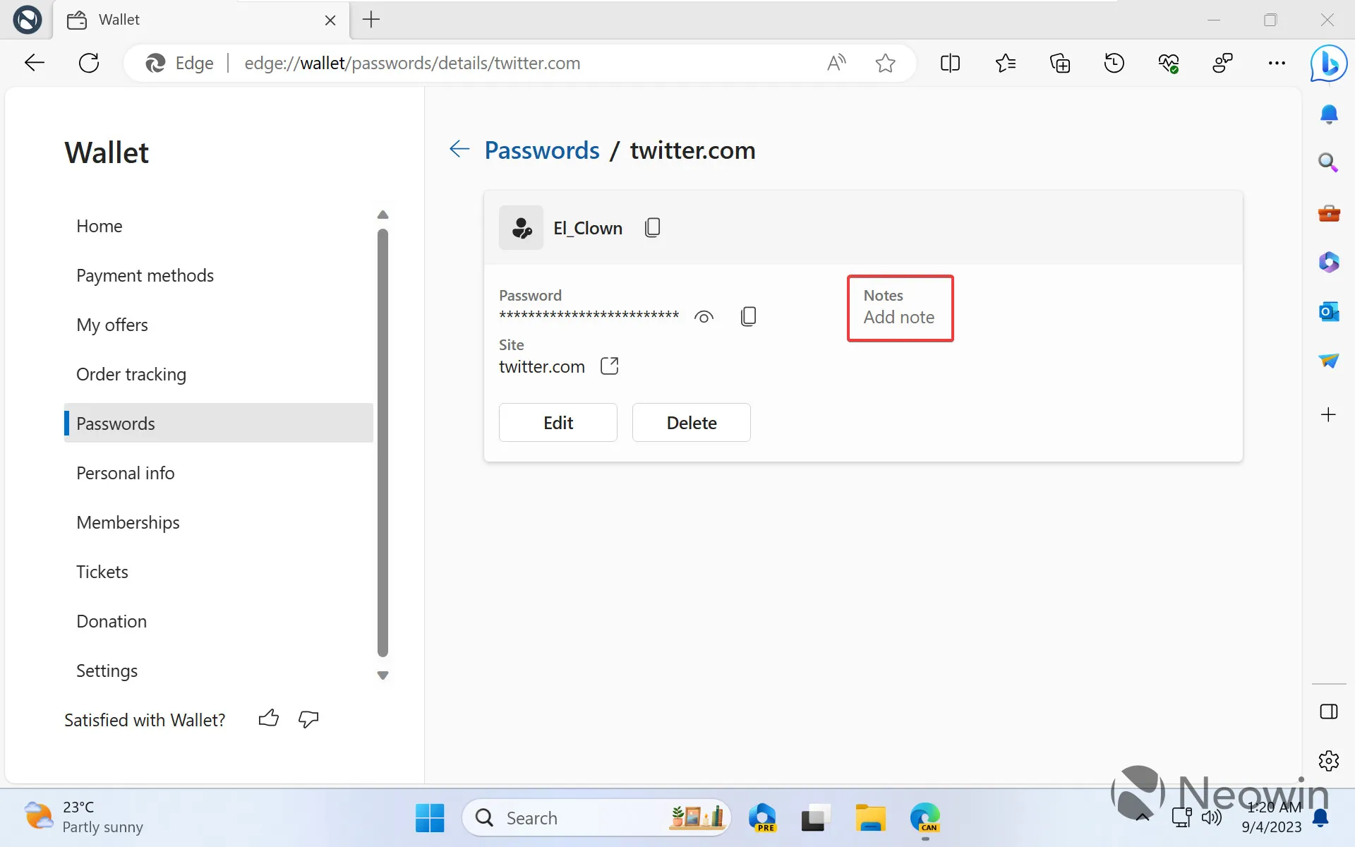 Ein Screenshot von Microsoft Edge mit Passwortnotizen