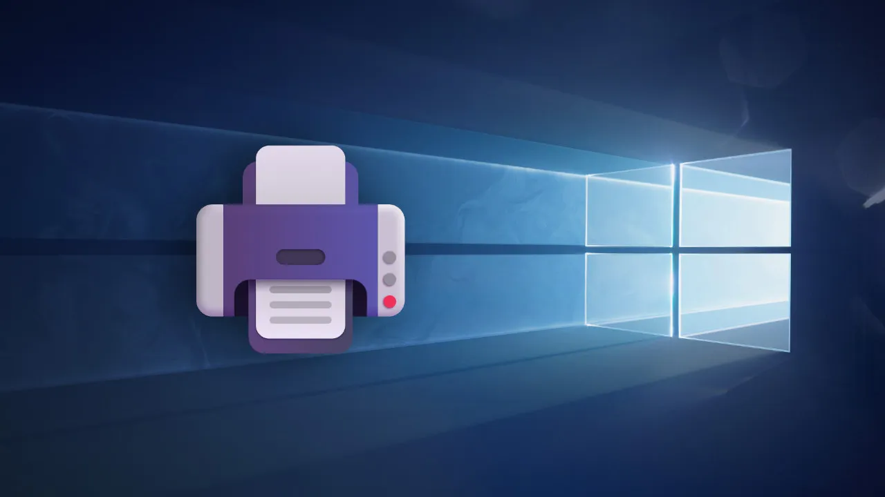 Ein Drucker-Emoji mit einem Windows 10-Hintergrundbild