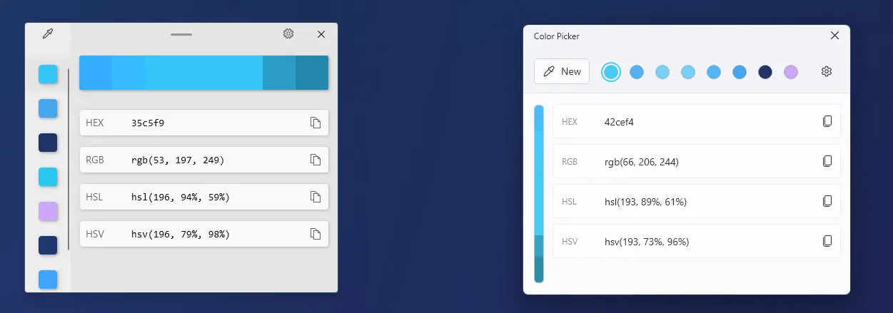 PowerToys の新旧のカラー ピッカー UI を示すスクリーンショット