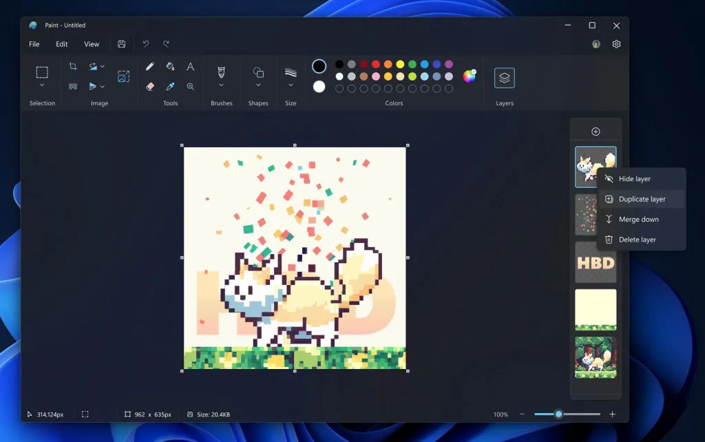 Zrzut ekranu aplikacji Paint w systemie Windows 11 przedstawiający nowe funkcje