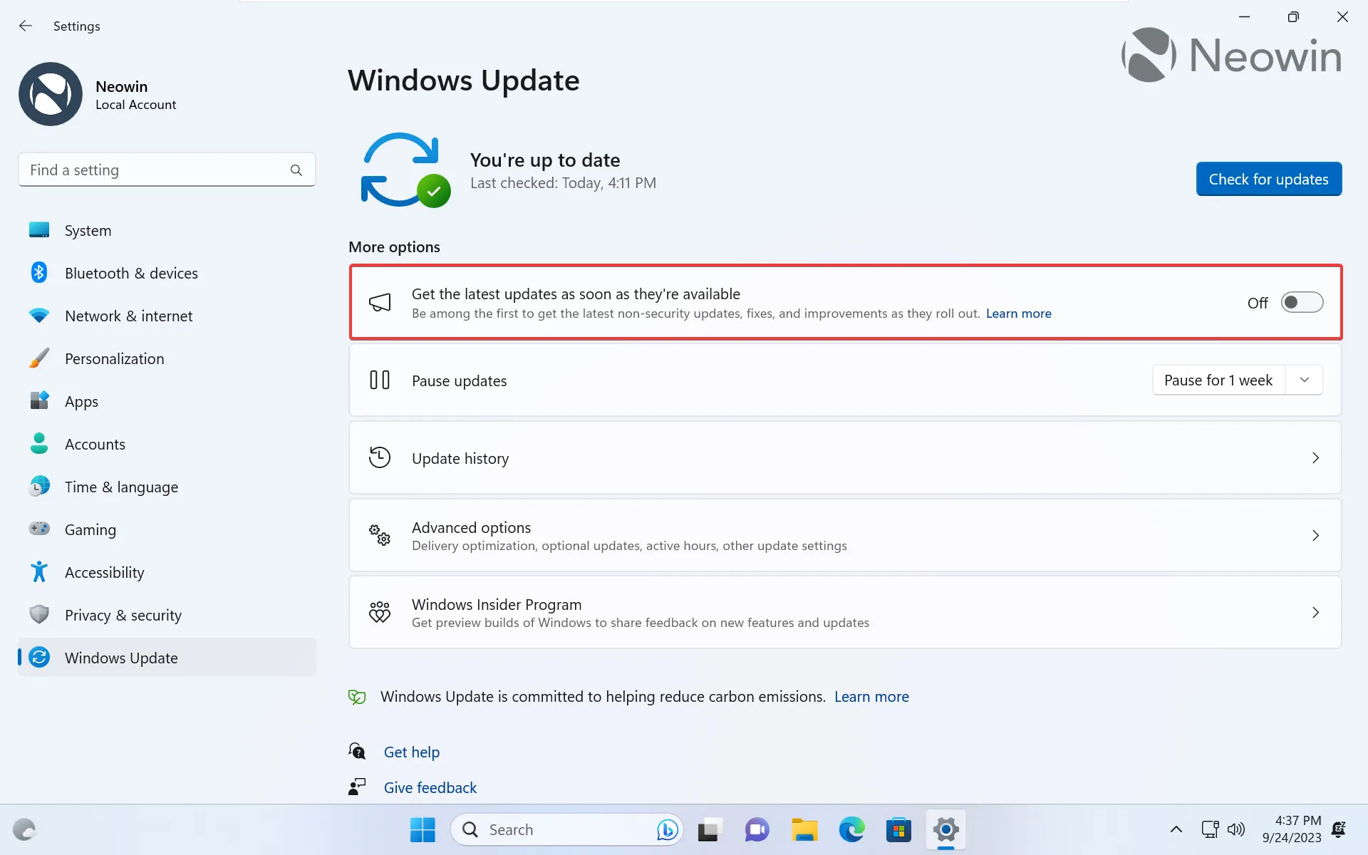 Une capture d'écran de Windows Update dans Windows 11