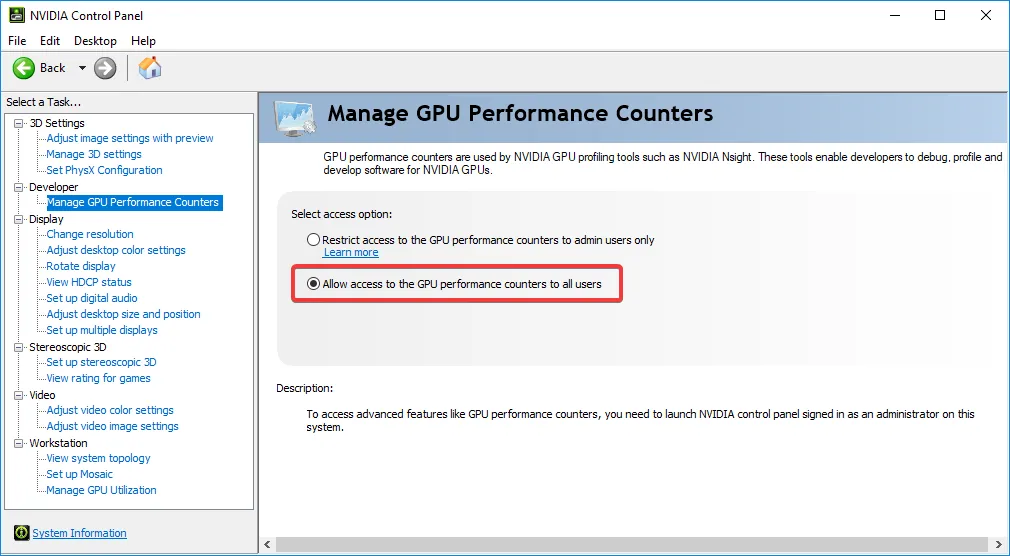 允許訪問 GPU 性能以修復 msi afterburner 無法開始掃描