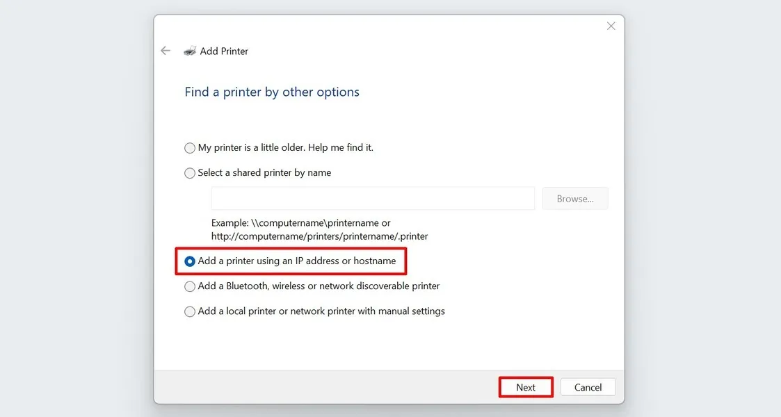 Seleccionar la opción para agregar una impresora usando una dirección IP a Windows.